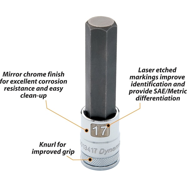 Tools 1/2 Drive Metric Hex Head, 10mm Long Bit, Chrome Finish Socket